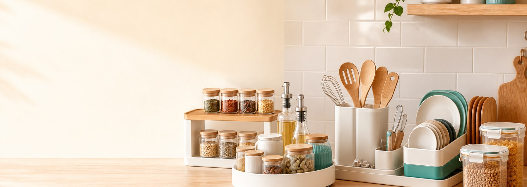 Organizadores de cozinha com potes, pratos e utensílios